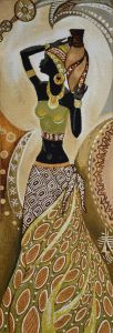 Картина гобелен "Африканка с кувшином" в двойной багетной раме. Размер гобелена 35х100 см.