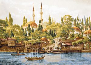 Картина гобелен "Башни при мечети" в одинарной багетной раме. Размер гобелена 97х70 см.