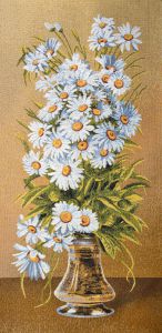 Картина гобелен "Букет белые ромашки" в двойной багетной раме. Размер гобелена 35х70 см.