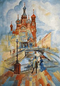 Картина гобелен "Бульвар у трех мостов" в одинарной багетной раме. Размер гобелена 35х49 см.