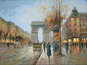 Картина гобелен "Вечерний Париж" в двойной багетной раме. Размер гобелена 77х54 см.