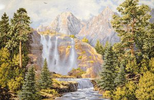 Картина гобелен "Водопад у гор" в одинарной багетной раме. Размер гобелена 108х70 см.