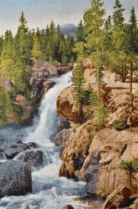 Картина гобелен "Горный водопад" в двойной багетной раме. Размер гобелена 35х54 см.