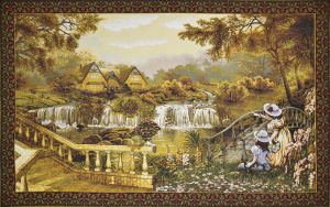 Картина гобелен "Дом у водопада" в одинарной багетной раме. Размер гобелена 113х70 см.