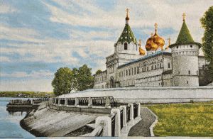 Картина гобелен "Кострома Ипатьевский монастырь" в двойной багетной раме. Размер гобелена 55х35 см.