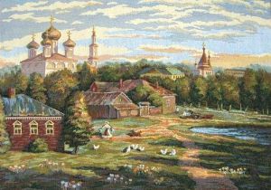 Картина гобелен "Московский дворик" в одинарной багетной раме. Размер гобелена 90х55 см.