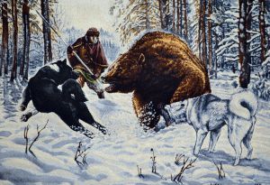 Картина гобелен "Охота на медведя" в одинарной багетной раме. Размер гобелена 100х70 см.