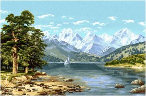 Картина гобелен "Парусник среди гор" в одинарной багетной раме. Размер гобелена 150х70 см.