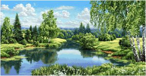 Картина гобелен "Пейзаж с березами" в одинарной багетной раме. Размер гобелена 34х17 см.