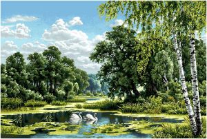 Гобеленовая картина без рамы "Пейзаж с лебедями". Размер картины 51х35 см.