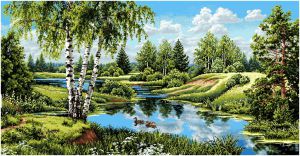 Гобеленовая картина "Пейзаж с утками" без рамы (панно). Размер картины 135х70 см.