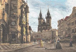 Картина гобелен "Прага Староместская площадь" в двойной багетной раме. Размер гобелена 108х70 см.