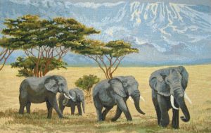 Картина гобелен "Слоны в саванне" без рамы. Размер гобелена 94х55 см.