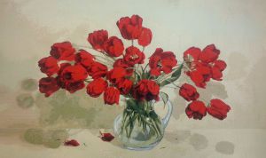 Гобеленовая картина "Алые тюльпаны" без рамы (панно). Размер картины 115х70 см.