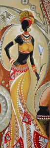 Картина гобелен "Африканка с цветком" в одинарной багетной раме. Размер гобелена 35х100 см.