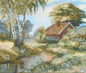 Картина гобелен "Береза у ручья" в двойной багетной раме. Размер гобелена 54х46 см.