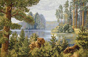 Картина гобелен "Бор на озере" в двойной багетной раме. Размер гобелена 53х35 см.