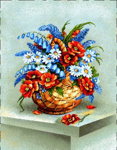 Гобеленовая картина "Букет в корзине (Красные цветы)" без рамы (панно). Размер гобелена 18х24 см.
