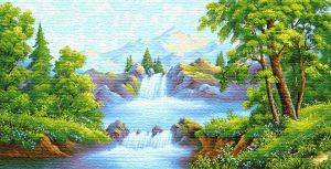 Картина гобелен "Горная река" без рамы (панно). Размер гобелена 137х70 см.