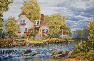 Картина гобелен "Загородный дом" в одинарной багетной раме. Размер гобелена 107х70 см.