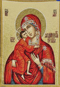 Гобеленовая икона "Богородица Федоровская" без рамы (панно). Размер гобелена 25х35 см.