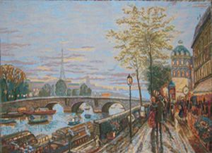 Картина гобелен "Набережная Сены" в одинарной багетной раме. Размер гобелена 77х54 см.