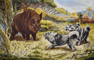 Картина гобелен "Охота на кабана" в двойной багетной раме. Размер гобелена 100х70 см.