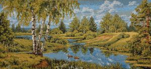 Картина гобелен "Пейзаж с утками" в одинарной багетной раме. Размер гобелена 35х17 см.