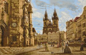 Картина гобелен "Прага Староместская площадь" в одинарной багетной раме. Размер гобелена 55х36 см.