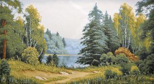 Картина гобелен "Река в лесу" без рамы. Размер гобелена 127х70 см.