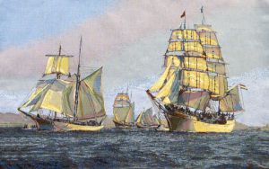 Картина из гобелена "Флотилия" в двойной багетной раме. Размер гобелена 85х55 см.