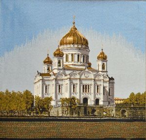 Картина гобелен "Храм Христа Спасителя" в одинарной багетной раме. Размер гобелена 35х35 см.