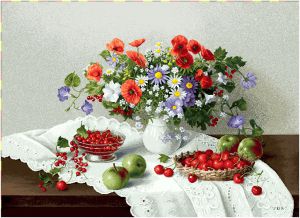 Гобеленовая картина "Цветы и ягоды" без рамы (панно). Размер картины 48х35 см.