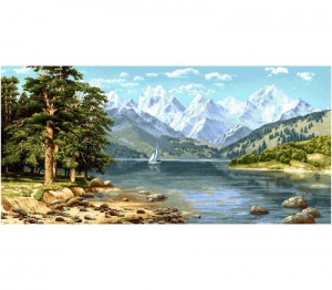 Гобеленовая картина "Парусник среди гор" без рамы (панно). Размер гобелена 70х35 см.